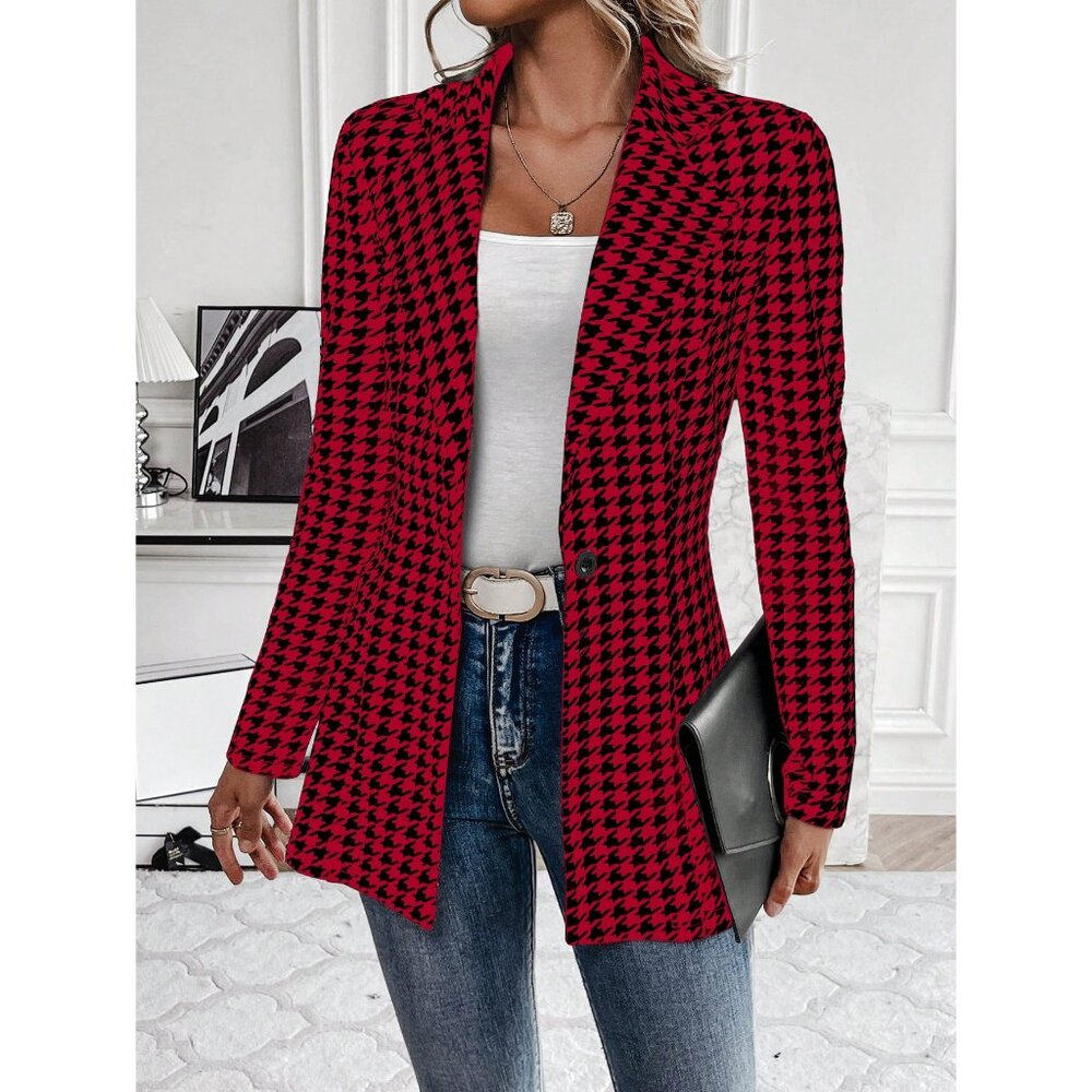 Houndstooth lapel collar single button blazer jacket red black